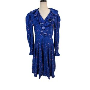 Vtg 70s Ruffle Midi Dress Blue Floral Prairie Puff sleeve Boho Cottagecore sz M